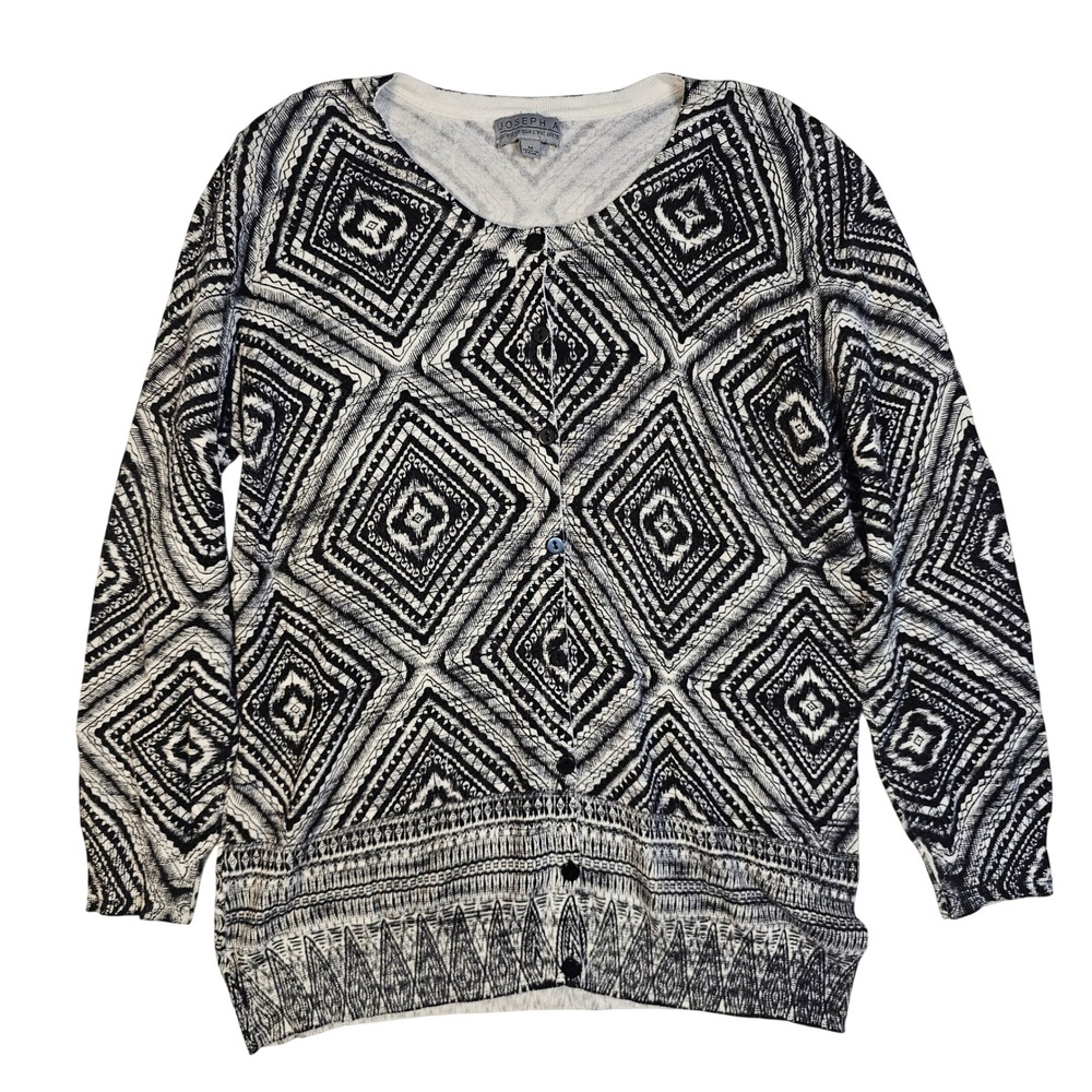 Joseph A Womens Silk Blend Geometric Diamond Ikat Cardigan Black White Medium